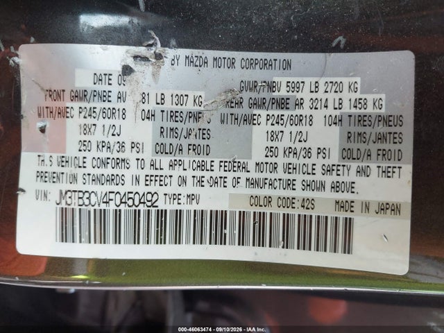 2015 Mazda Cx-9 Touring მანქანა იყიდება აუქციონზე, vin: JM3TB3CV4F0450492, აუქციონის ნომერი: 46063474