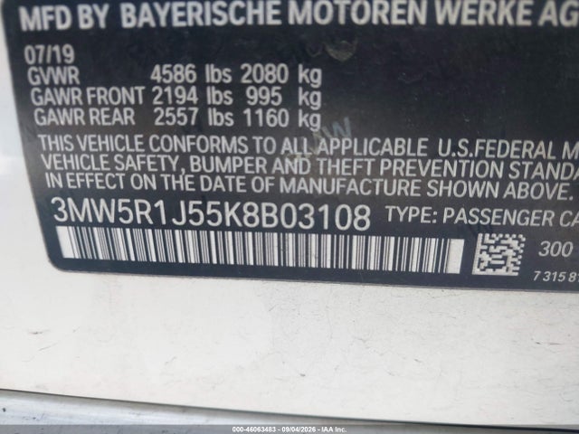 Продажа на аукционе авто 2019 Bmw 330i, vin: 3MW5R1J55K8B03108, номер лота: 46063483