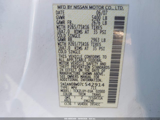 46063489 :رقم المزاد ، 5N1AN08W07C542914 vin ، 2007 Nissan Xterra Off Road مزاد بيع