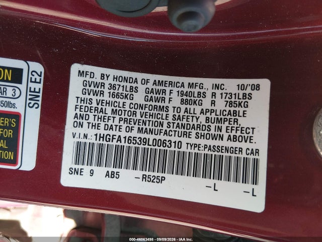 Продаж на аукціоні авто 2009 Honda Civic Lx, vin: 1HGFA16539L006310, номер лоту: 46063498