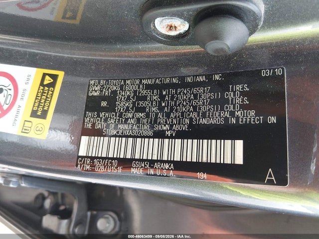 46063499 :رقم المزاد ، 5TDBK3EHXAS020886 vin ، 2010 Toyota Highlander Base V6 مزاد بيع