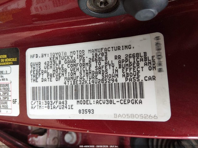 Aukcja sprzedaży 2004 Toyota Camry Xle, vin: 4T1BE32K14U285294, numer aukcji: 46063500