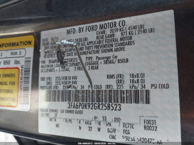 2016 Ford Fusion Titanium მანქანა იყიდება აუქციონზე, vin: 3FA6P0K92GR258523, აუქციონის ნომერი: 46063512