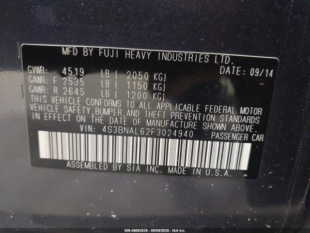 46063535 :رقم المزاد ، 4S3BNAL62F3024940 vin ، 2015 Subaru Legacy 2.5i Limited مزاد بيع