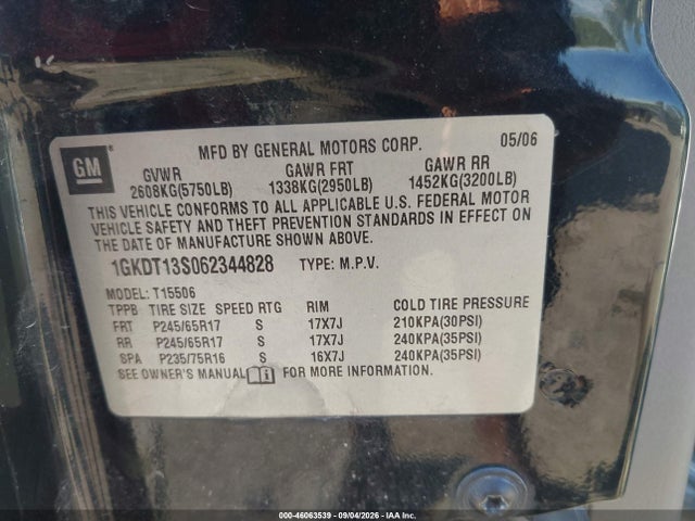 46063539 :رقم المزاد ، 1GKDT13S062344828 vin ، 2006 Gmc Envoy Sle مزاد بيع