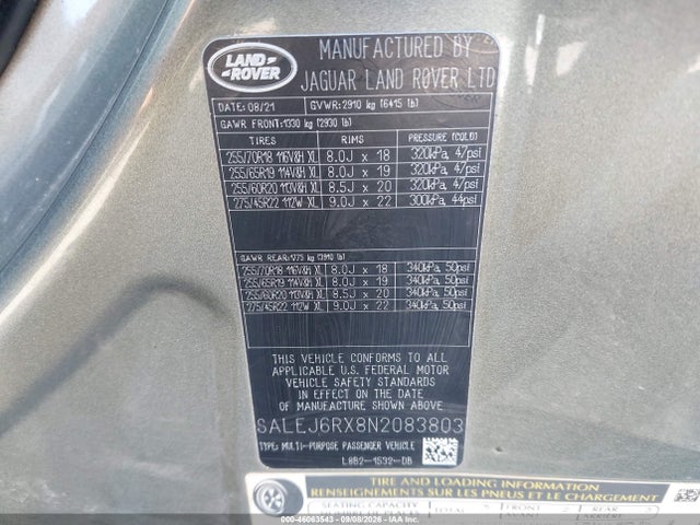 Aukcja sprzedaży 2022 Land Rover Defender 90 S, vin: SALEJ6RX8N2083803, numer aukcji: 46063543