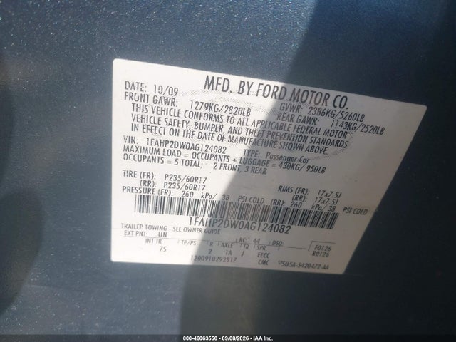 Aukcja sprzedaży 2010 Ford Taurus Se, vin: 1FAHP2DW0AG124082, numer aukcji: 46063550