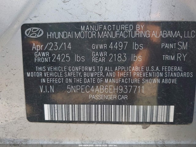 2014 Hyundai Sonata Limited 2.0t მანქანა იყიდება აუქციონზე, vin: 5NPEC4AB6EH937711, აუქციონის ნომერი: 46063555