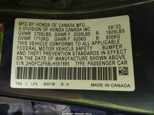 Продажа на аукционе авто 2020 Honda Civic Lx, vin: 2HGFC2F68LH587865, номер лота: 46063557