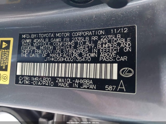 Aukcja sprzedaży 2013 Lexus Ct 200h, vin: JTHKD5BH0D2135470, numer aukcji: 46063564