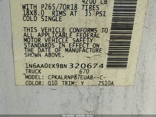 46063592 :رقم المزاد ، 1N6AA0EK9BN320674 vin ، 2011 Nissan Titan S مزاد بيع