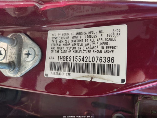 46063612 :رقم المزاد ، 1HGES15542L076396 vin ، 2002 Honda Civic Lx مزاد بيع