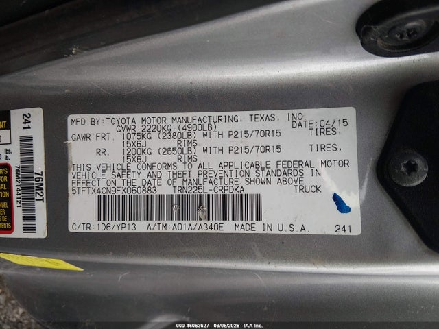 2015 Toyota Tacoma მანქანა იყიდება აუქციონზე, vin: 5TFTX4CN9FX060883, აუქციონის ნომერი: 46063627