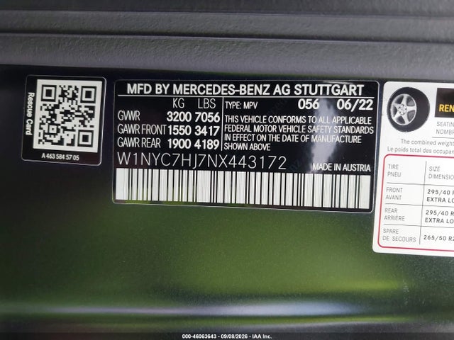 46063643 :رقم المزاد ، W1NYC7HJ7NX443172 vin ، 2022 Mercedes-benz Amg G 63 4matic مزاد بيع