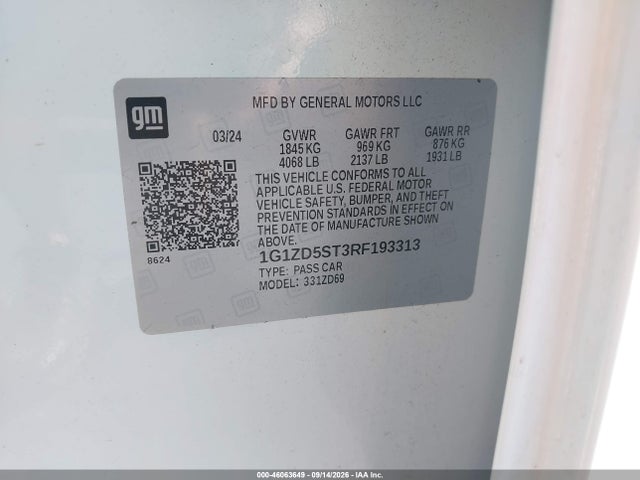 46063649 :رقم المزاد ، 1G1ZD5ST3RF193313 vin ، 2024 Chevrolet Malibu Fwd 1lt مزاد بيع