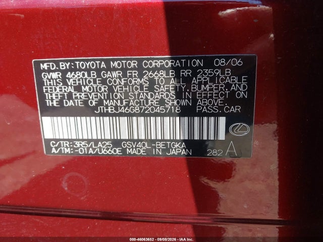 Aukcja sprzedaży 2007 Lexus Es 350, vin: JTHBJ46G872045718, numer aukcji: 46063652