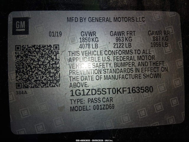 Aukcja sprzedaży 2019 Chevrolet Malibu Lt, vin: 1G1ZD5ST0KF163580, numer aukcji: 46063655