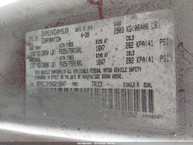 Aukcja sprzedaży 1999 Dodge Ram 1500 St, vin: 3B7HC13Y2XG212647, numer aukcji: 46063657