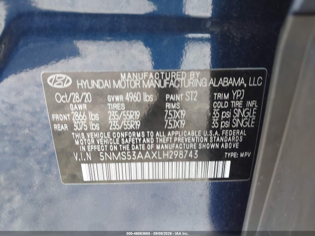 46063665 :رقم المزاد ، 5NMS53AAXLH298743 vin ، 2020 Hyundai Santa Fe Limited 2.0t مزاد بيع
