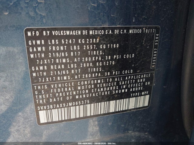 2018 Volkswagen Tiguan მანქანა იყიდება აუქციონზე, vin: 3VV3B7AX9JM065375, აუქციონის ნომერი: 46063682