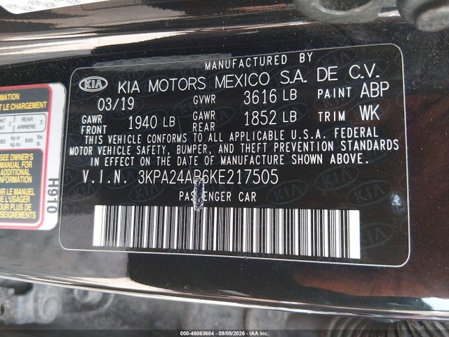 Aukcja sprzedaży 2019 Kia Rio Lx, vin: 3KPA24AB6KE217505, numer aukcji: 46063684