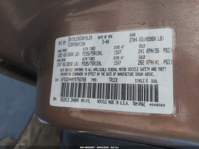Aukcja sprzedaży 2000 Dodge Dakota Slt/sport, vin: 1B7GG2AN4YS756768, numer aukcji: 46063687