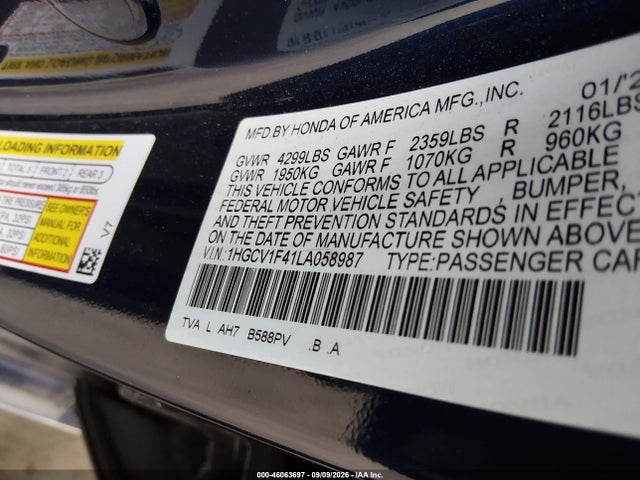 Продаж на аукціоні авто 2020 Honda Accord Ex, vin: 1HGCV1F41LA058987, номер лоту: 46063697
