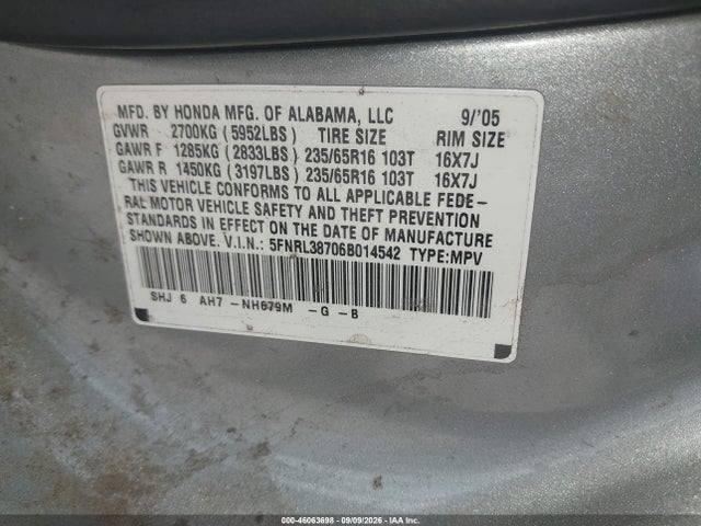 Продаж на аукціоні авто 2006 Honda Odyssey Ex-l, vin: 5FNRL38706B014542, номер лоту: 46063698