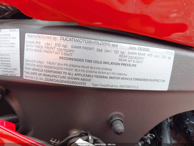 Продажа на аукционе авто 2025 Ducati Panigale V4/v4s, vin: ZDMDAG6W0SB004113, номер лота: 46063730