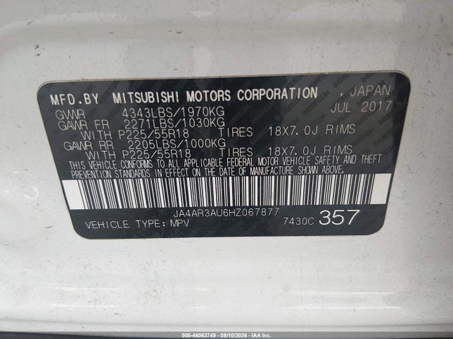 Aukcja sprzedaży 2017 Mitsubishi Outlander Sport 2.0 Le, vin: JA4AR3AU6HZ067877, numer aukcji: 46063749