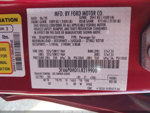 46063754 :رقم المزاد ، 3FA6P0HD1LR219900 vin ، 2020 Ford Fusion Se مزاد بيع