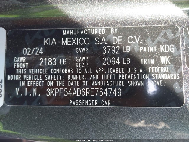 46063756 :رقم المزاد ، 3KPF54AD6RE764749 vin ، 2024 Kia Forte Gt-line مزاد بيع