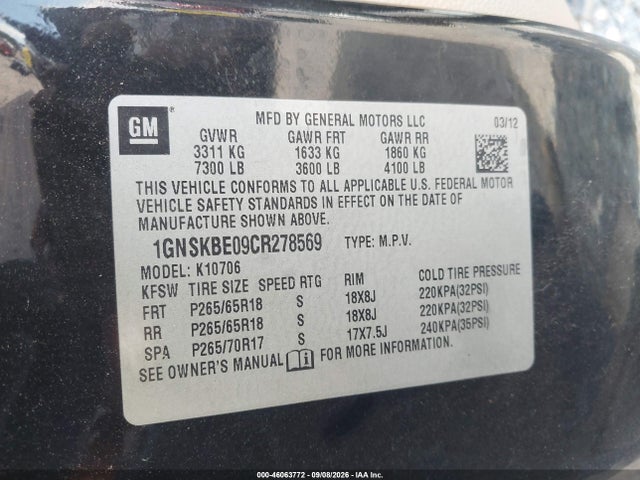 2012 Chevrolet Tahoe Lt მანქანა იყიდება აუქციონზე, vin: 1GNSKBE09CR278569, აუქციონის ნომერი: 46063772