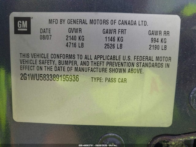 46063781 :رقم المزاد ، 2G1WU583389195936 vin ، 2008 Chevrolet Impala Ltz مزاد بيع