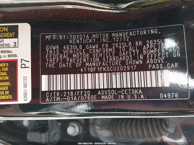 2012 Toyota Camry Se მანქანა იყიდება აუქციონზე, vin: 4T1BF1FK0CU202917, აუქციონის ნომერი: 46063794