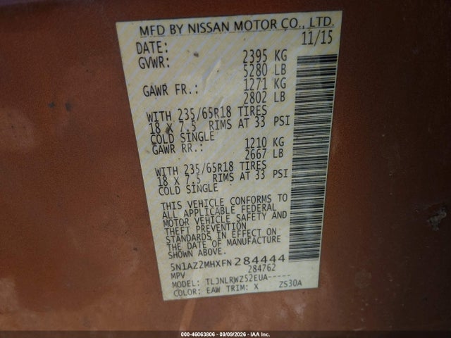 Продажа на аукционе авто 2015 Nissan Murano, vin: 5N1AZ2MHXFN284444, номер лота: 46063806