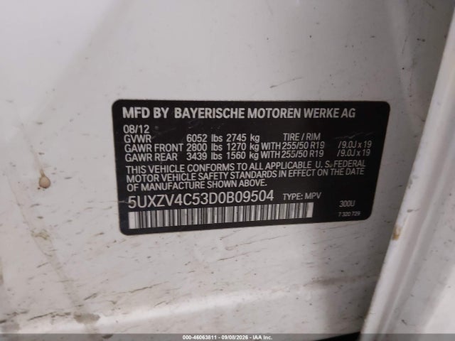 46063811 :رقم المزاد ، 5UXZV4C53D0B09504 vin ، 2013 Bmw X5 Xdrive35i مزاد بيع