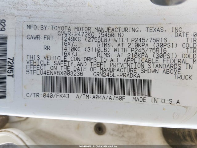 Aukcja sprzedaży 2011 Toyota Tacoma Base V6, vin: 5TFLU4ENXBX003236, numer aukcji: 46063813