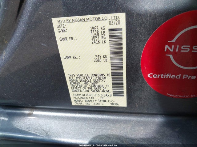 Продаж на аукціоні авто 2020 Nissan Altima Sl Fwd, vin: 1N4BL4EV9LC233363, номер лоту: 46063828