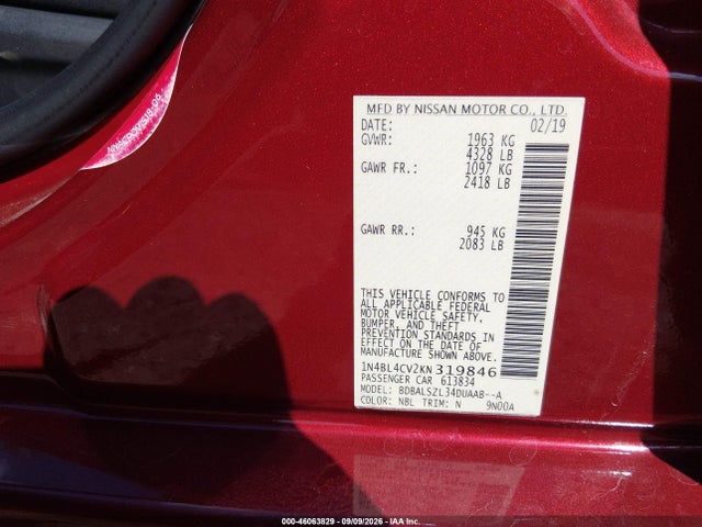 46063829 :رقم المزاد ، 1N4BL4CV2KN319846 vin ، 2019 Nissan Altima 2.5 Sr مزاد بيع