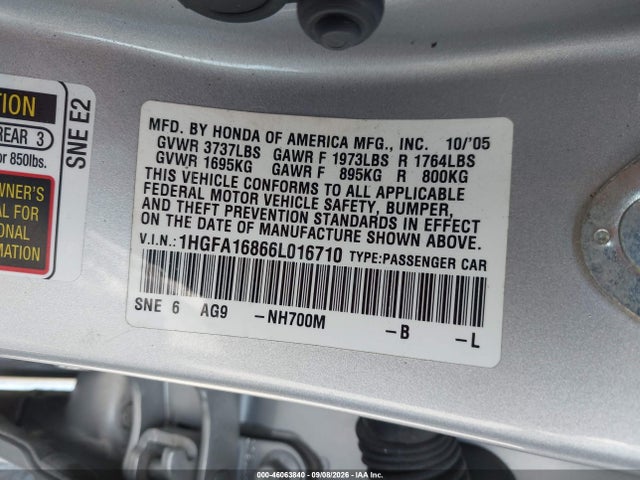 46063840 :رقم المزاد ، 1HGFA16866L016710 vin ، 2006 Honda Civic Ex مزاد بيع