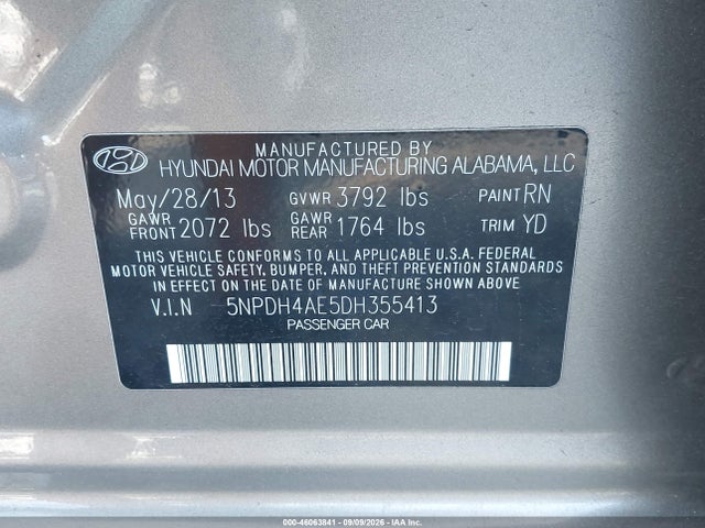46063841 :رقم المزاد ، 5NPDH4AE5DH355413 vin ، 2013 Hyundai Elantra Gls مزاد بيع