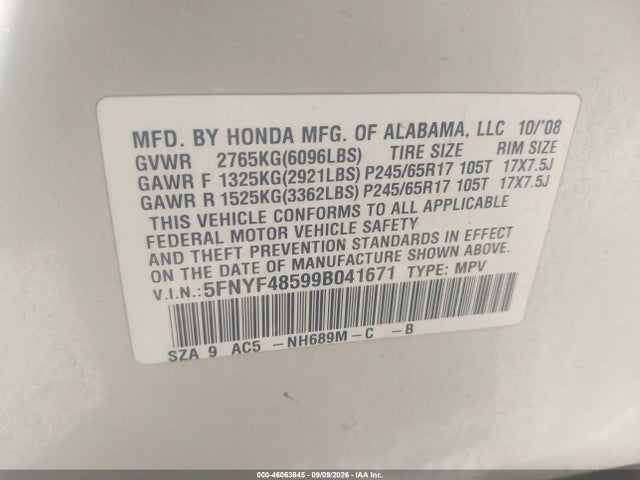 Продажа на аукционе авто 2009 Honda Pilot Ex-l, vin: 5FNYF48599B041671, номер лота: 46063845