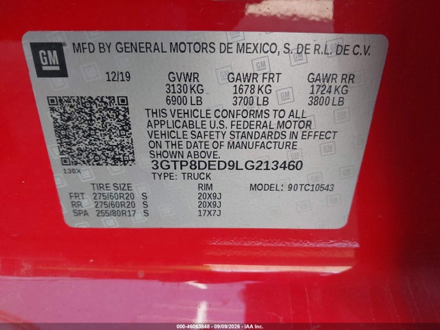 2020 Gmc Sierra 1500 2wd  Short Box Slt მანქანა იყიდება აუქციონზე, vin: 3GTP8DED9LG213460, აუქციონის ნომერი: 46063848