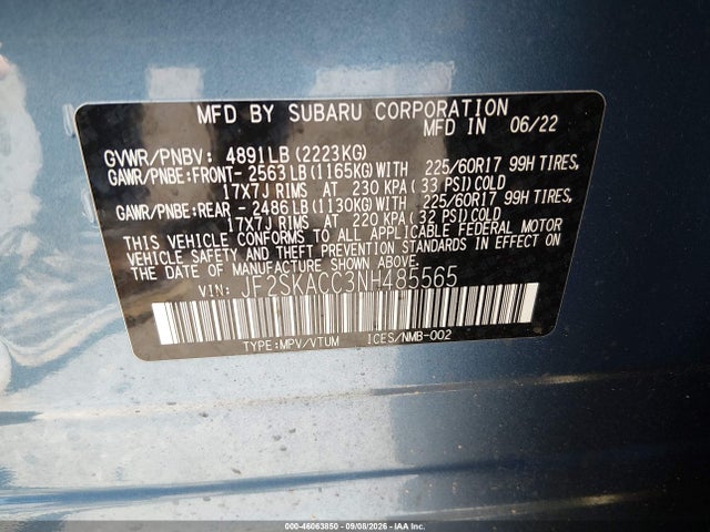 2022 Subaru Forester მანქანა იყიდება აუქციონზე, vin: JF2SKACC3NH485565, აუქციონის ნომერი: 46063850