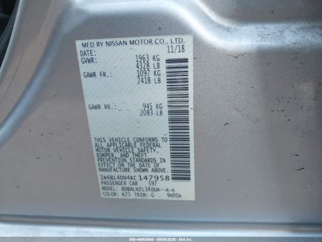Продаж на аукціоні авто 2019 Nissan Altima 2.5 Sv, vin: 1N4BL4DV4KC147958, номер лоту: 46063866