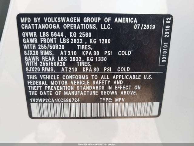 Aukcja sprzedaży 2019 Volkswagen Atlas 2.0t Se W/technology, vin: 1V2WP2CA1KC588724, numer aukcji: 46063880