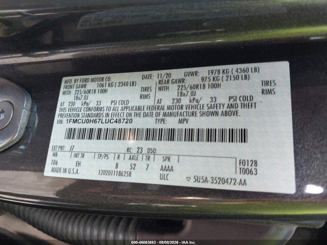 Продаж на аукціоні авто 2020 Ford Escape Sel, vin: 1FMCU0H67LUC48720, номер лоту: 46063883