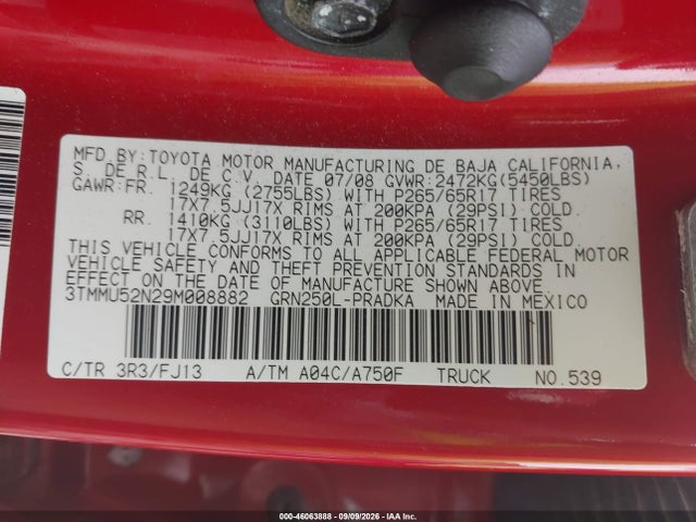 46063888 :رقم المزاد ، 3TMMU52N29M008882 vin ، 2009 Toyota Tacoma Base V6 مزاد بيع