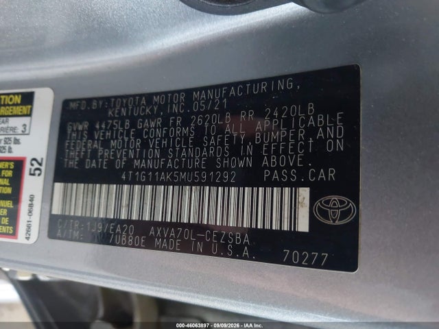 Aukcja sprzedaży 2021 Toyota Camry Se, vin: 4T1G11AK5MU591292, numer aukcji: 46063897